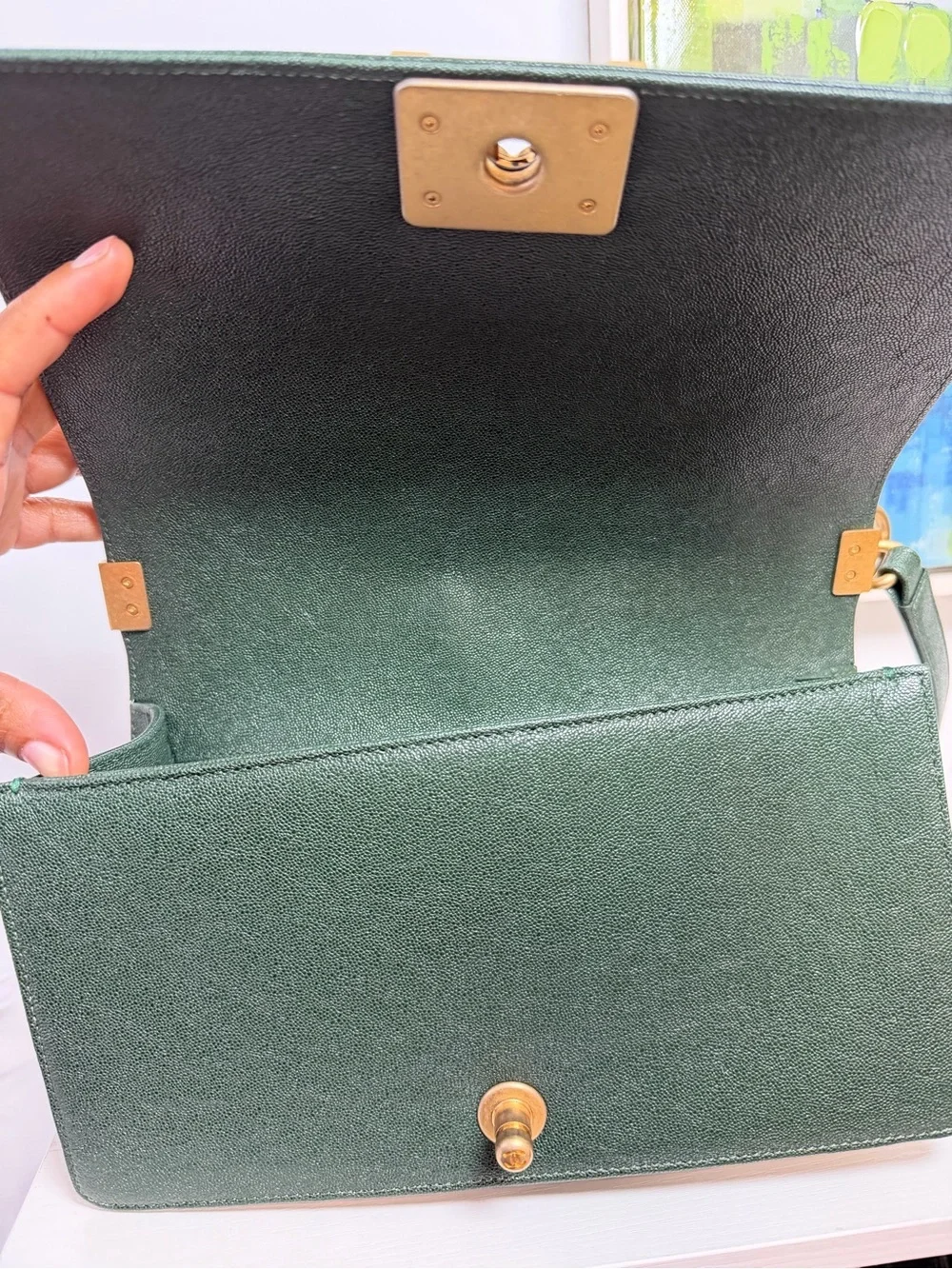 CHANEL Forest Green Chevron Boy Shoulder Bag with Gold Hardware